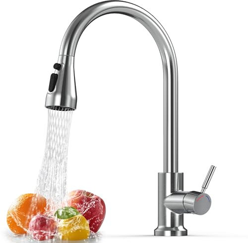 Robinet cuisine extensible avec douchette,Mitigeur cuisine monobloc 360° rotatif, robinet inox à 4 modes de pulvérisation, 50 cm extensible, robinet de cuisine moderne pour évier