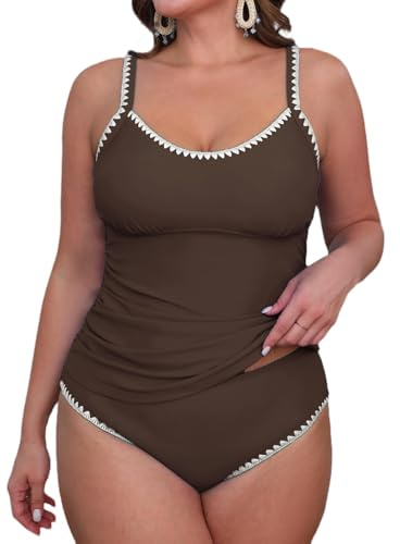 CUPSHE Women's Tankini Sets Two Piece Swimsuit Scoop Neck Tummy Control Adjustable Straps Shell Stitched