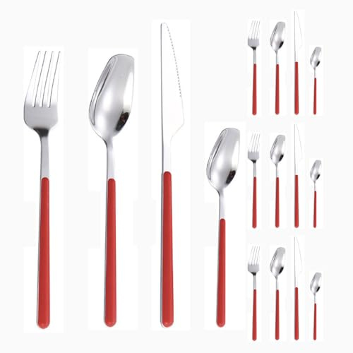 Klämhandtag Kök Rostfritt Stål Silverware Servis Bestick Set Stekkniv Gaffelsked Tesked (Röd,16 stycken)