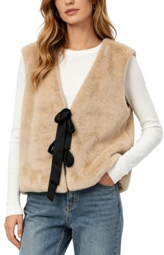 Amazhiyu Gilet en fausse fourrure pour femme - Gilet sans manches en fausse fourrure duveteuse pour l'hiver et le printemps - Cardigan décontracté à nouer - Gilet léger en fourrure