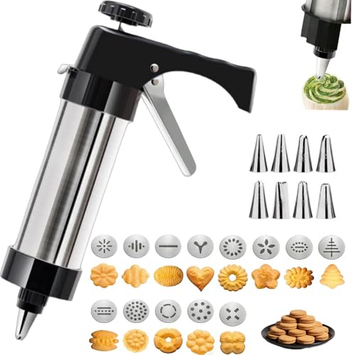 Stainless Steel Cookie Press Gun Kit with 13 Discs & 8 Piping Tips, Easy-to-Use Biscuit & Icing Gun for Baking and Cake Decorating, Perfect for DIY Christmas Cookies and Pastries.