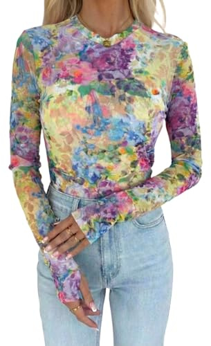 CHICME Womens Floral Mesh Long Sleeve Tops Crewneck See Through Fitted Shirts Sexy Sheer Going Out Blouses-mu-L A-Multicolor