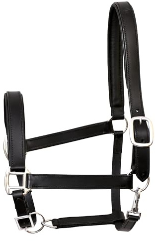THKtack Leather Horse Headcollar | Full Size Black Brown Tan | Premium Leather Headcollar | Adjustable & Snap Hook Closure | Soft Padded Leather Halter | Horses & Pony Equestrian Tack (Black)
