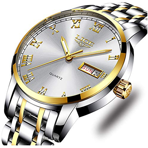 LIGE Relojes para hombre de moda impermeable de acero inoxidable analógico reloj de cuarzo para hombre de lujo de negocios vestido de pulsera para hombre, 4 dorado blanco, relojes de moda