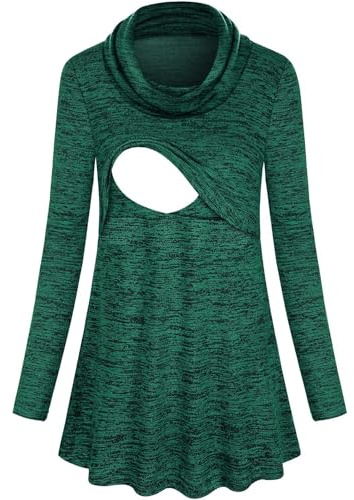 Joymom Breastfeeding Shirts,Female Long Sleeve Solid Maternity Tops Misses High Stretchy Breathable Knitting Cool Feeling Fashion Nursing Tunic Gravida Wear Green S