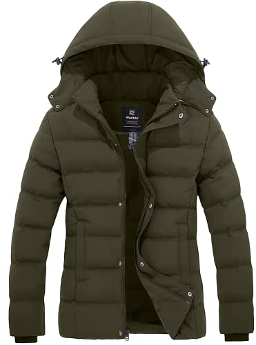 Wantdo Varm vinterjacka för kvinnor, vinterrock, quiltad tjock pufferjacka med avtagbar huva, Army Green, L