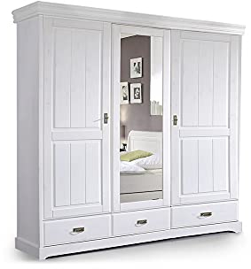 moebel-eins Roman Kleiderschrank/Drehtürenschrank teilmontiert, Material Massivholz, Kiefer, 3-türig, Weiss
