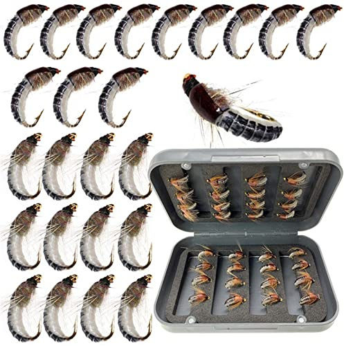 Qievcrme 24Pcs Fly Fishing Flies Trout Lures Fishing Tackle Fly Fishing Flies with Boxed Trout Bass Artificial Fish Bait (24Pcs-Scud Nymph Black)