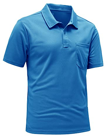 Rdruko Mens Short Sleeve Golf Polo with Chest Pocket, Azure Blue L