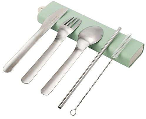 EXZACT Posate 5 pezzi - Cucchiaio Forchetta Coltello Spazzola per la pulizia della paglia in una custodia per il trasporto, Acciaio inossidabile 18/10 - lavabile in lavastoviglie