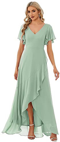 Ever-Pretty Robe Mariage Invitée Femme Longue Asymétrique Manches Courtes Col V Fendue Fluide Chic Verte Menthe 36