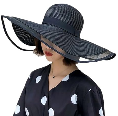 WUODHTW Cappello panama da donna a tesa larga in paglia cappello da spiaggia cappello estivo a tesa larga in paglia arrotolabile cappello da pescatore UPF 50, +Nero, Taglia unica