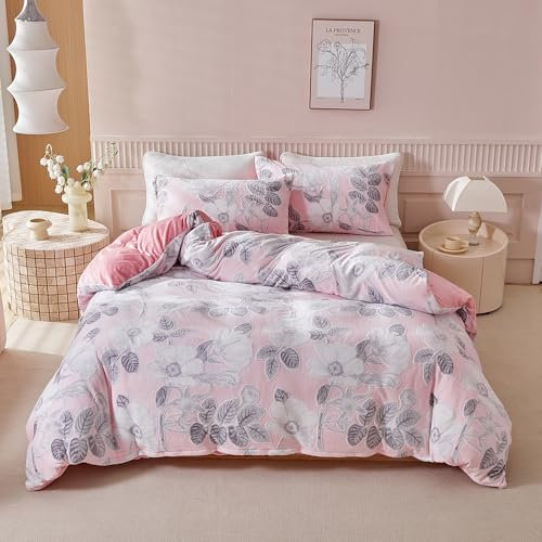 YASMENG - Funda nórdica de franela de 140 x 200 cm, diseño de flores, color rosa, forro polar, franela suave y mullida, ropa de cama para 1 persona con cremallera y funda de almohada de 65 x 65 cm