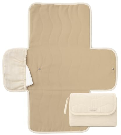 Toddlekind Mini Maven Portable Changing Pad – Organic Cotton & Water-Resistant Polyester – Travel-Friendly, Foldable Change Mat – Tofu Beige Stripes with Wave Stitching – Chic, Durable, Easy to Clean