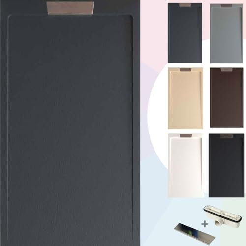 SOULBATH Plato de Ducha Extraplano Antideslizante – Resina Gel Coat - Textura Liso/Piedra – ANTRACITA - 100X70 - Diseño elegante - Incluye Válvula de desagüe