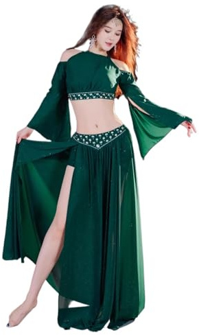 Abito Di Danza Del Ventre Costume da danza del ventre for donna, maniche in corno, set da ballo, gonna lunga da ballo di gruppo morbida e allungata con mutandine Danza Del Ventre Vestito(Green,XL)