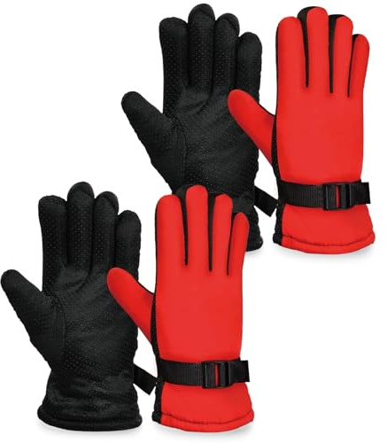 WORUIB 2 Pairs Kids Ski Gloves, Waterproof Anti Slip Plush Thermal Warm Gloves, Ages 8-13, Red