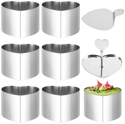 Lot de 8 anneaux à dessert et anneaux alimentaires, en acier inoxydable, en forme de cœur, anneau de cuisson, anneau de service, anneaux alimentaires, anneaux à gâteau en forme de cœur, ensemble avec