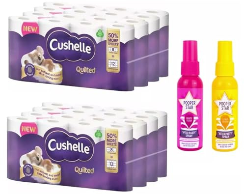Cushelle Quilted 3-Ply Longer Rolls Toilet Tissue, 64 Rolls, Pack - 8 x 8 Pack (236 Sheets Per Roll) with Pack of 2 Pooper Strat Air Freshener Spray by Red Rainbow