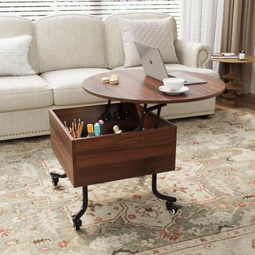 VOWNER Mesa de Centro Regulable en Altura con Ruedas, Mesa de Salón con Espacio de Almacenamiento Oculto, para Salón, Oficina (Color Nogal)