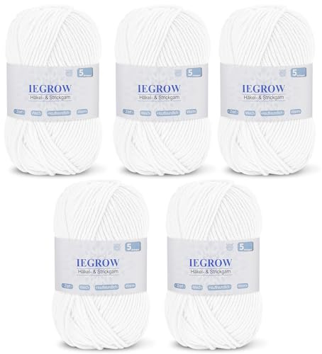 iEGrow Handstrickgarn 250 g, Häkelgarn, Acrylgarn zum Stricken, Häkelgarn für Anfänger, Geeignet für Stricken, Häkeln und Handarbeiten, Weich und bequem (5 x 50 g) Reines Weiß