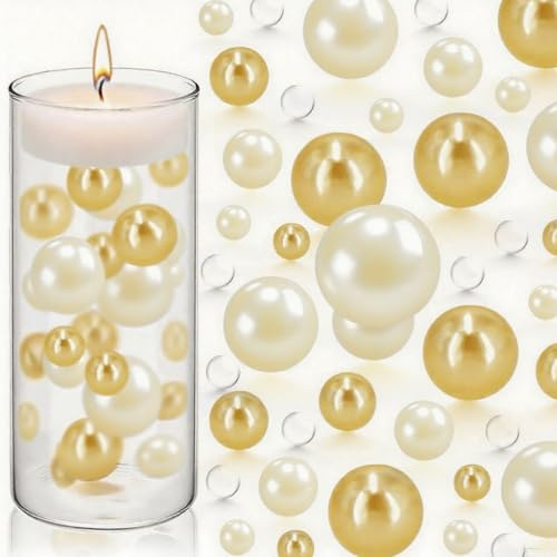 SURVART 200 Holeless Vase Filler Pearls (20/14/8mm) with 10000 Clear Water Beads Light Gold & Cream Pearl Beads Floating on Hydrated Beads for Wedding, Mother’s Day, Floral Arrangements, Centerpieces