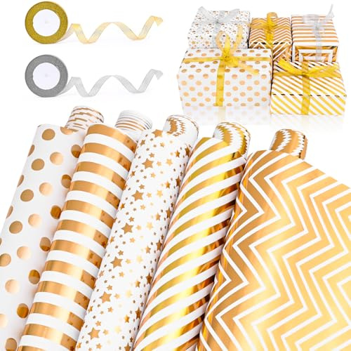 HOMIKLSA Lot de 5 rouleaux de papier cadeau blanc doré (43 cm x 300 cm) avec ruban adhésif doré pour grand festival, anniversaire d'enfant, mariage, fête prénatale