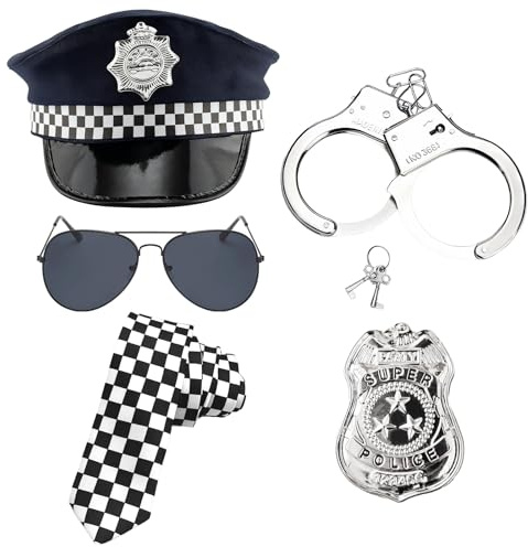 SSKHE Paquet de 5 accessoires de costume de police y compris chapeau de policier, menottes en métal et emblèmes de police, lunettes de soleil noires, Carnaval Halloween tenue de flic