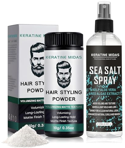 Sea Salt Spray Capelli Uomo, 120ml Spray al Sale Marino per Capelli+10 g Polvere Volumizzante Capelli, Hair Styling Powder, Migliora la Lucentezza e il Volume di Tutti i tipi di Capelli
