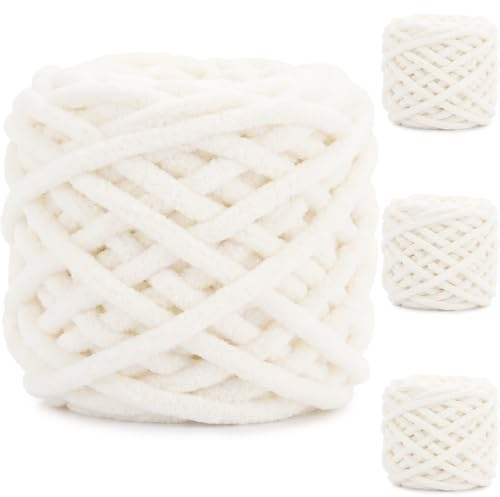 Exquilnova 4 Pack Chunky Yarn for Hand Knitting,380g Multiple Colors Chenille Yarn for Knitting & Crochet,Soft Chunky Wool for Blankets,Cushion,Scarves,Pet Beds,Bags,Hats,Sweaters(Milky White)