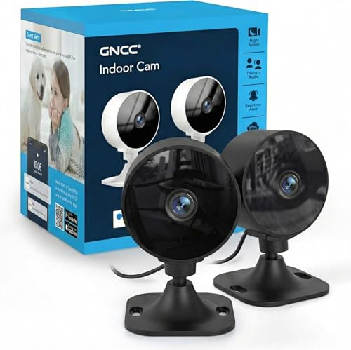 GNCC GC3 Kit 2 Telecamera WiFi Interno Fisso, Solo WiFi a 2,4 GHz, Videocamera Sorveglianza 1080P per Bambini/Animali, Installazione Facile, Cloud e Micro SD, Abbonamento Richiesto, Plug-in, Nero