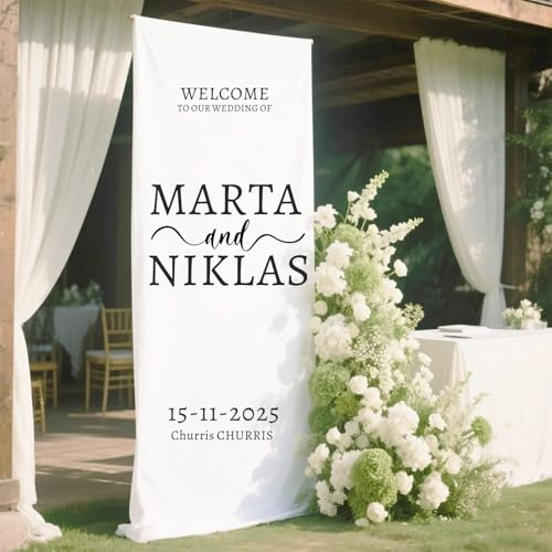 PLOVEZZ Cartello di Benvenuto for Matrimonio Bohémien Personalizzato, Cartello for Cerimonia in Tessuto, Cerimonia di Matrimonio Personalizzata in Lino Moderno(50x152cm)