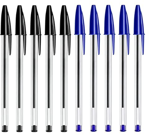Set med 10 kulspetspennor, 1,0 mm medium spets, flytande skrivpennor, transparent kropp, kontorspenna, skola, skolmaterial, bläckpennor för arbete, svart och blå