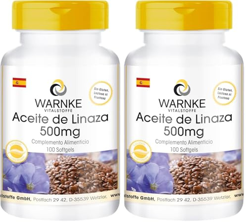 Huile de Lin 500mg – 100 gélules molles - Préssée à froid - avec vitamine E | Warnke Vitalstoffe - Qualité des pharmacies allemandes (Lot de 2)