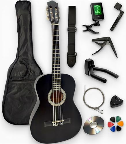 AMBRE - Pack Guitare Classique 4/4 Droitier + 10 Accessoires + CD & Cours Vidéo – Cordes Nylon, Livrée Accordée – Prime 24h (Noir, 4/4, Droitier)