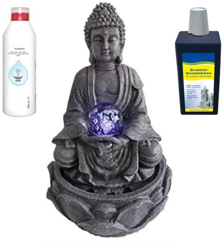 DRULINE Zimmerbrunnen mit LED + Wasserzusatzkonzentrat + BrunnenDesinfektion Zimmerbrunnen Buddha Brunnen Tischbrunnen Polyresin Stein Optik Lotus/Glaskugel Crashlook Höhe 30 cm anthrazit - Indoor
