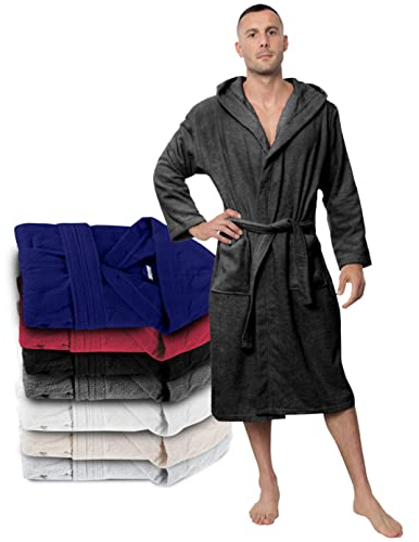 Twinzen Bademantel Herren - XXL - Dunkelgrau - 100% Baumwolle (350g/m²) OEKO-TEX® Zertifiziert - Bademantel mit Kapuze, 2 Taschen, Gürtel