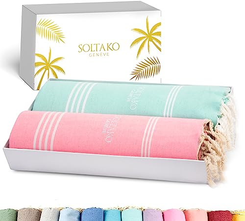 SOLTAKO Juego de 2 Toallas Turca Grande Peshtemal Fouta Beach Bath Gym SPA Yoga Hammam Toalla Piscina Picnic 100% Algodón Toalla Playa Ligera Arena Anti 100x200 cm Regalo del Dia de la Madre