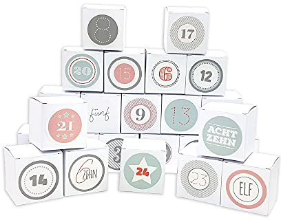 Frau WUNDERVoll® DIY Adventskalender Vorfreude zum Befüllen, 24 Faltschachteln weiß 7(L) x7(B) x7(H) cm (gefaltet), XL Ziffern pastell/Weihnachten, Aufkleber, Würfelbox, Faltverpackung, Schachteln