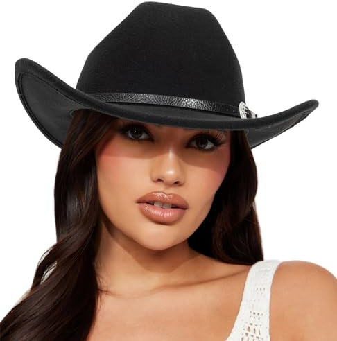 Sombreros de Vaquero Occidental clásicos de Fieltro para Mujer, Sombrero de Jazz de ala Ancha con cinturón de Hebilla (Lagre), Negro -, Large