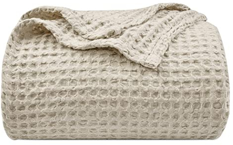 PHF Ultra Soft Waffle Weave Blanket King Size 104x 90- Washed Lightweight Breathable Cozy Woven Blanket for Bed - Aesthetic Decor for Couch Bedding Sofa Home Car - Light Khaki/Linen