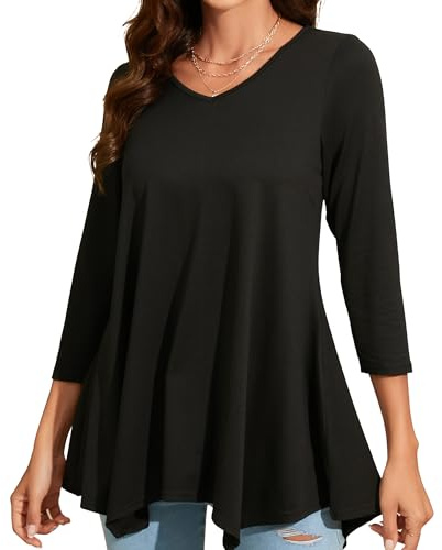 Enmain Womens Black Tunic Tops V Neck 3/4 Sleeve Ladies Long Tunics For Leggings Casual Solid Color Hanky Hem T Shirt Blouse Swing Top,Black,M
