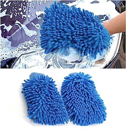 JNNJ 2 PCS Autowaschhandschuh, Mikrofaser Waschhandschuh Auto, Außen Zottel-Waschhandschuh für Professionelle Autopflege - 100% kratzfrei & schonend, Entfernt Mühelos hartnäckigen Schmutz(Blau)