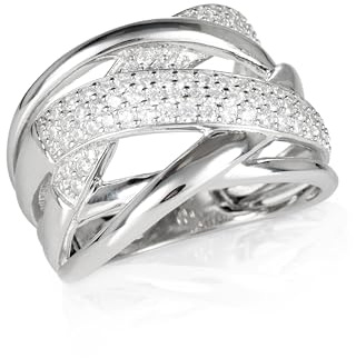 Diamond Treats Anello Donna in Argento 925 per Donna e Ragazza, Anello Fascia Intrecciato con Zirconi, Anello Argento 925 Donna, Anello Grande Incrociato con Pietre Zirconi, Misura dell'Anello 55