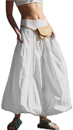 Owegvia Palloncino da donna Gonne Lunghe Elegante Vita Alta Tinta unita A-Line Gonne Casual Flowy Gonne Cocco Ragazza Estetica, A- bianco., L