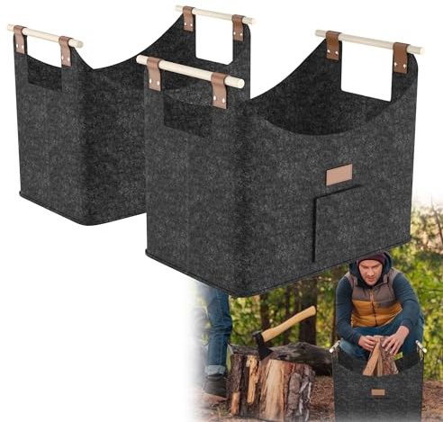 HENGMEI Brennholzkorb Filzkorb 2 Stück Holzkorb Kaminholz Filztaschen Extradickem Kaminholzkorb mit Griff Feuerholzkorb für Feuer Brennholz(50x32x40cm, Dunkelgrau)