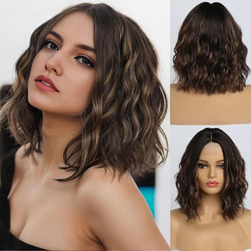 Simkaylee Perücke Braun mit Blonden Strähnen für Damen Perrücke Frauen Braun Schulterlang Locken Gewellt Bob Perücke Interne Highlights Synthetisches Haar Perücken für Tägliche Party Cosplay (36cm)