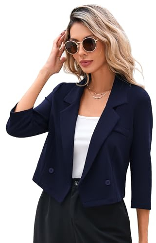 KOJOOIN Blazer Chaqueta de mujer ligera recortada para negocios, chaqueta informal abierta, manga 3/4, chaqueta corta de trabajo (embalaje múltiple)