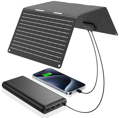 Ecosonique - Cargador solar portátil plegable de 30 W con USB C, USB A, carga rápida, impermeable, para camping, mochileros, compatible con teléfono celular, iPhone, iPad, Samsung Galaxy, LG, baterías