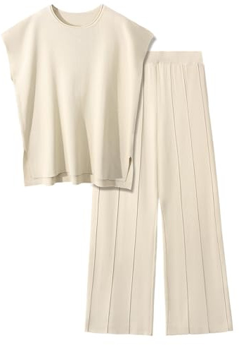PASUDA Conjunto Punto Mujer 2 Piezas Ropa Verano Casual Cuello Redondo Tops Manga Corta de Punto y Cómodo Pantalon Suelto Moda Conjuntos Loungewear Deportivo